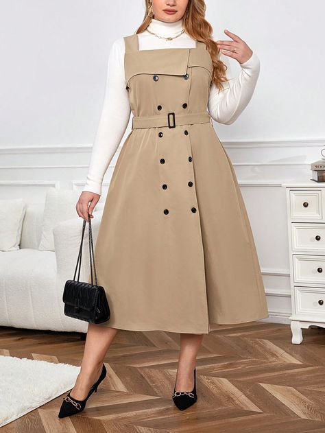 Khaki Elegant Collar Long Sleeve Woven Fabric Plain Pinafore Embellished Non-Stretch  Women Plus Clothing Overall Dress, Lookbook Outfits, Plus Clothing, Plus Size Dresses, Woven Fabric, Double Breasted, Overalls, Lookbook, T-shirt