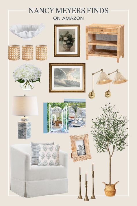 Shop our list of cozy, timeless finds inspired by Nancy Meyers! We love her movies, and pull a lot of interior inspiration from the films. These home decor finds, curated by our interior design team, will bring Nancy Meyers to your home!

Coastal Grandmother, Grandmillenial, Traditional Style, Cozy Home Grand Millennial Amazon, Nancy Meyers Home Office, Coastal Grandmother Home Aesthetic, Nancy Meyers Coastal Aesthetic, Nancy Myers Bathroom, Amazon Storefront Home Decor, Nancy Meters Apartment, Nancy Meyers Office Aesthetic, Somethings Gotta Give Aesthetic