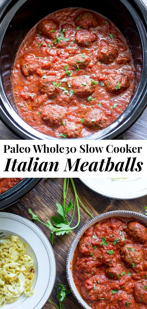 Make a big batch of these Paleo Slow Cooker Meatballs for a delicious stress-free dinner!  Easy, Whole30, Paleo friendly, and kid friendly meatballs in marinara sauce that makes enough for a crowd and great for leftovers.  Serve with veggie noodles, sweet potatoes, or even eggs - they're perfect with anything! #paleorecipes #paleo #cleaneating #whole30 #meatballs Meatballs And Marinara Sauce, Meatballs And Marinara, Paleo Slow Cooker, Whole30 Dinners, Slow Cooker Meatballs, Whole 30 Diet, Paleo Crockpot, Zucchini Muffins, Recetas Keto