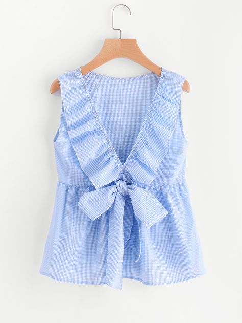 Shop Flounce Trim Plunging Bow Neck Shell Top online. SheIn offers Flounce Trim Plunging Bow Neck Shell Top & more to fit your fashionable needs. Female Blouse, Shell Top, Traje Casual, Shell Tops, Stil Inspiration, Plaid Blouse, Front Tie Top, Outfit Style, Blue Blouse