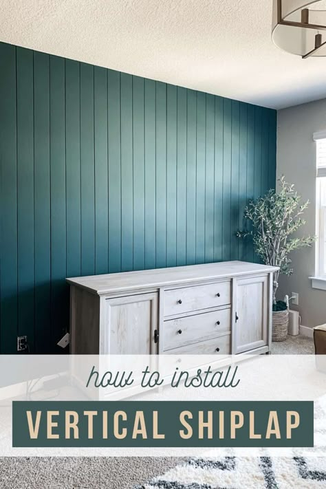 Painted Vertical Shiplap Walls, Diy Shiplap Wall Vertical, Vertical Shiplap Feature Wall, How To Do Vertical Shiplap, Installing Vertical Shiplap, How To Install Vertical Shiplap, How To Vertical Shiplap, How To Do Shiplap Walls, Vertical Ship Lapped Walls