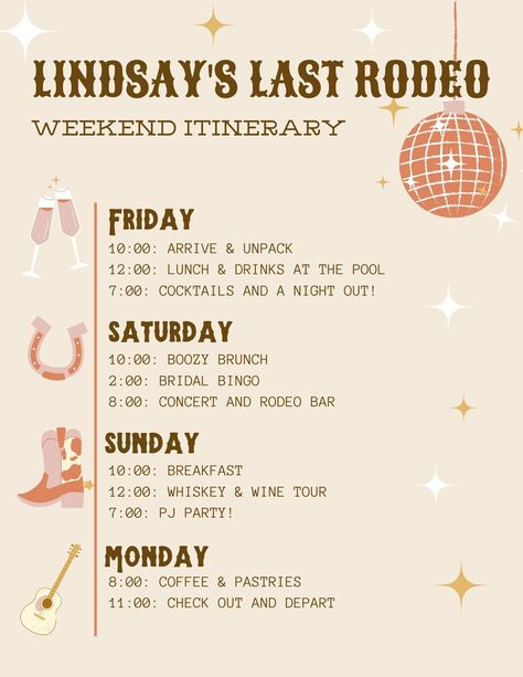 "Kick off your bestie's \"Last Rodeo\" with this fully customizable itinerary! Use this template to outline your groups country weekend featuring the cutest designs to bring the theme to life. Can be adapted for birthday parties etc.  You will receive a digital file with a link to a fully customizable Canva template, exactly as pictured in the listing. Enjoy!  Keywords: Bachelorette Party, Last Rodeo, Itinerary, Nashville, Austin, Rodeo, County Music, Disco, Cowboy" Bachelorette Weekend Nashville, Last Rodeo Itinerary, Neutral Last Rodeo Bachelorette, Austin Bachelorette Itinerary, Bachelorette Party Themes Last Rodeo, Getting Rowdy Bachelorette, Nashville Weekend Itinerary, Last Rodeo Bachelorette Party Games, Nashville Itinerary Bachelorette Weekend