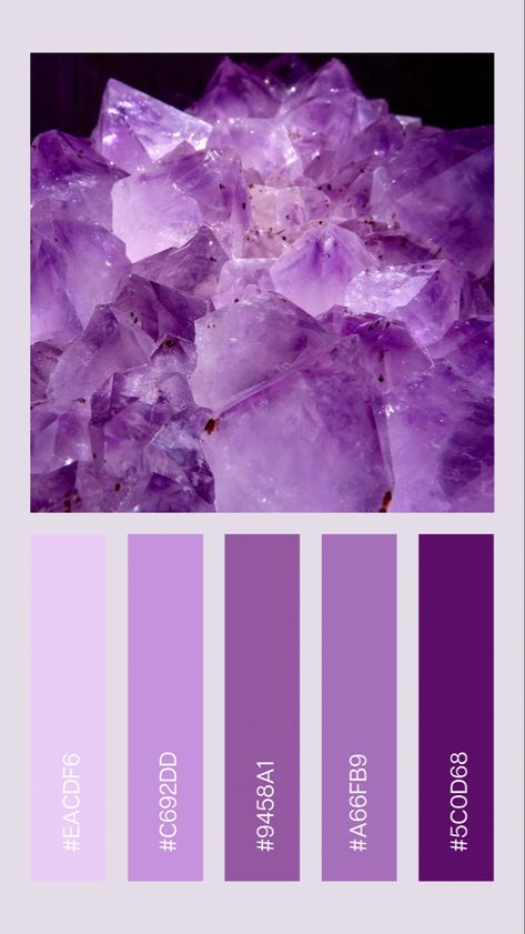 Purple colour palette to match the shades and colours of a purple amethyst crystal Amethyst Purple Color Palette, Amethyst Colour Palette, Purple Tones Colour Palettes, Amethyst Color Aesthetic, Purple Swatches Colour Palettes, Amethyst Painting, Amethyst Hair Color, Amethyst Color Palette, Colour Palette Purple