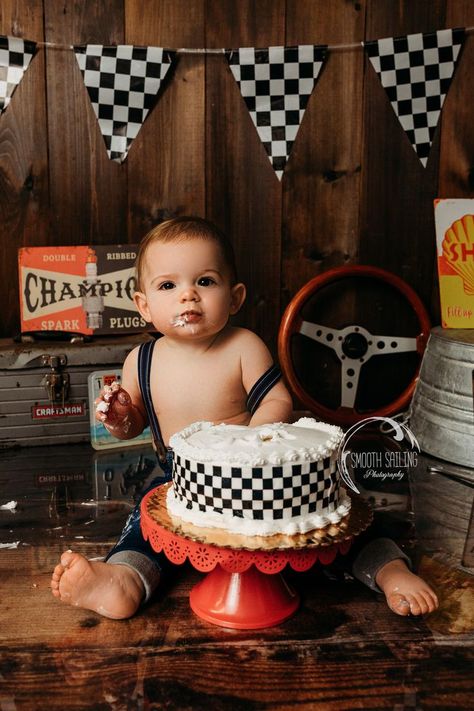 Racing First Birthday Photos, Racing First Birthday Pictures, Car Theme Cake Smash Photoshoot, Race Car Themed Smash Cake, 1st Birthday Car Photoshoot, Fast One First Birthday Cake, Race Smash Cake, Race Car Cake Smash Photoshoot, Mechanic First Birthday Pictures