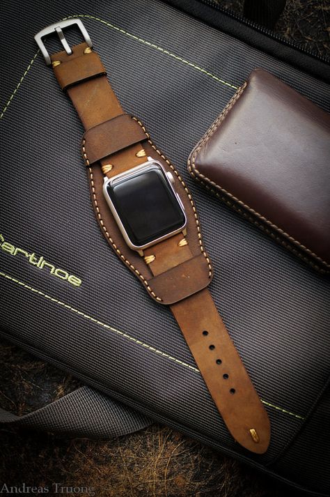 Handmade Leather Cuff Band for Apple Watch by BlackForestAtelier. Leather Watch Cuff, Leather Wrist Cuff, Handmade Watch Strap, Army Style, Apple Watch Sport, Handmade Watch, Army Fashion, Military Army, Watch Straps