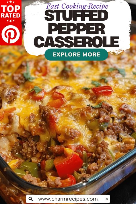 Quick and Simple Stuffed Pepper Casserole Recipe Easy Dinner Recipes With Peppers, Pepper And Rice Recipe, Stuffed Peppers Casserole Crockpot, Stuffed Red Pepper Casserole, Stuffed Pepper Hot Dish, Pepper Casserole Stuffed, Inside Out Stuffed Pepper Casserole, Easy Stuffed Peppers Recipe, Hearty Casserole Recipes