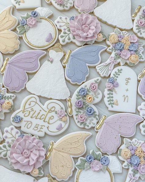 Pastel Butterfly Wedding, Bridal Shower Cookies Butterfly, Butterfly Theme Bridal Shower Cookies, Bridal Shower Themes Butterflies, Butterfly Wedding Cookies, Pastel Bridal Shower Theme, Enchanted Bridal Shower Theme, Butterflies Bachelorette Party, Butterfly Kisses For The Mrs