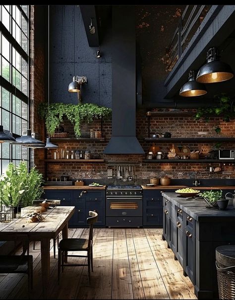 Gothic Kitchen Ideas, Rustic Kitchen Island Ideas, Estilo Industrial Chic, Moody Kitchen, Gothic Kitchen, Rustic Kitchen Island, Bohemian Kitchen, Boho Kitchen, Blue Kitchens