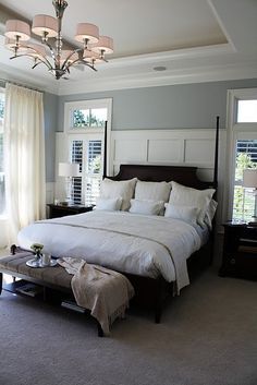 Master bedroom paint colors. Blue for wall, tan/cream for ceiling. White accents. | best stuff Bedroom Paint Colors Master, Headboard Wall, Dark Furniture, Bedroom Paint Colors, Dreamy Bedrooms, Wood Bedroom, Bedroom Paint, Beautiful Bedrooms, Home Staging