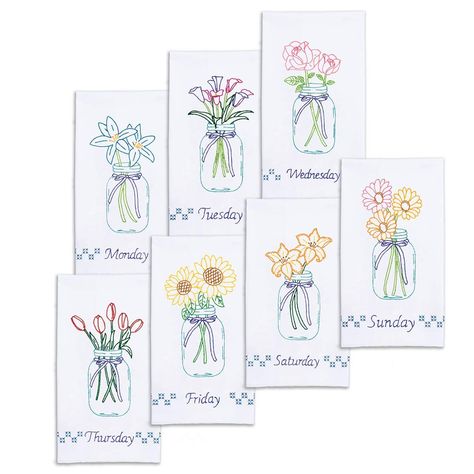 PRICES MAY VARY. Easy to Embroidery, with ink that washes out. Hergestellt in the U. S. A. Embroidery Design Includes DMC floss list and simple to follow instructions. Mason Jar Bouquets, Jack Dempsey, Decorative Hand Towels, Flowers In Jars, Towel Embroidery, Embroidered Towels, Towel Pattern, Towel Collection, Needlepoint Kits