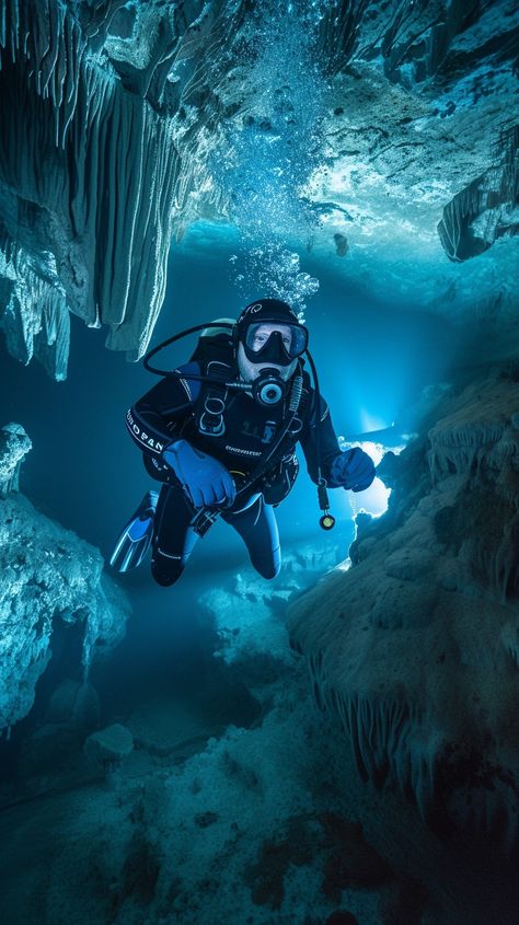 Cave Diving Adventure: An underwater explorer navigates the serene beauty of a submerged cavern in crystal-clear waters. #diving #underwater #cave #adventure #scuba #explorer #submerged #cavern #aiart #aiphoto #stockcake https://ayr.app/l/fgsR Cave Diving Photography, Scuba Diving Aesthetic, Underwater Diver, Diving Underwater, Underwater Caves, Manta Rays, Undersea World, Cave Diving, Brand Manual