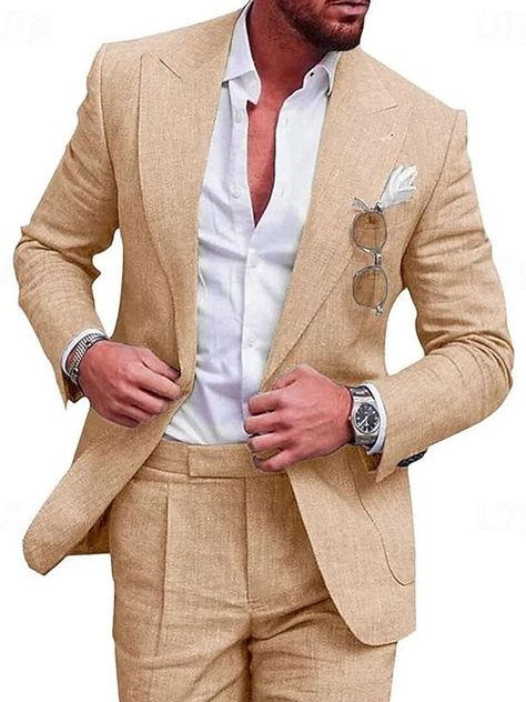 Perfect fit and perfect material Linen Summer Suits, Beach Wedding Groom Attire Linen, Tan Linen Suit, Summer Groom, Linen Suits For Men, Italy Elopement, Groom Suits, Waterfall Wedding, Suit Ideas