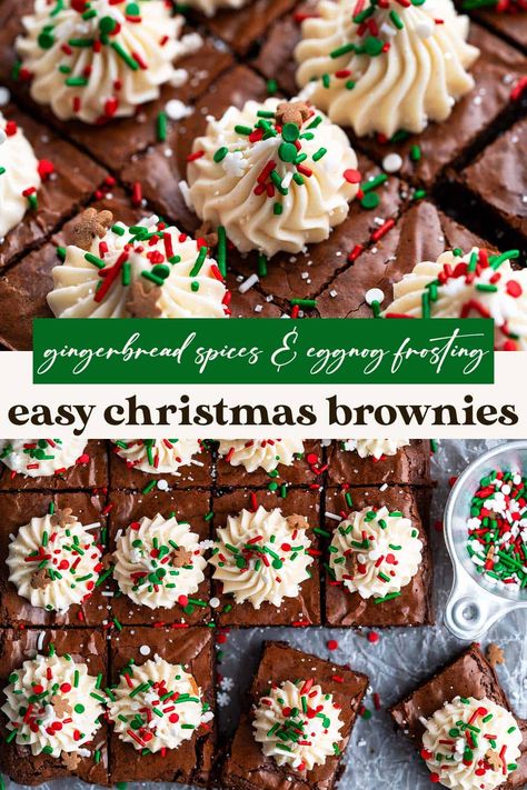 Festive Christmas brownies strike the perfect balance between fudgy and chewy with a crackled top, rich chocolate flavor, and warm gingerbread spices. And for the icing on the cake, they're decorated with an easy 5-minute eggnog buttercream and holiday sprinkles! Easy Christmas Brownies, Christmas Brownies Decoration, Christmas Brownies Ideas, Cookies Decorating Party, Festive Brownies, Gingerbread Squares, Gingerbread Cookie Recipes, Gingerbread Desserts, Gingerbread Cookies Easy