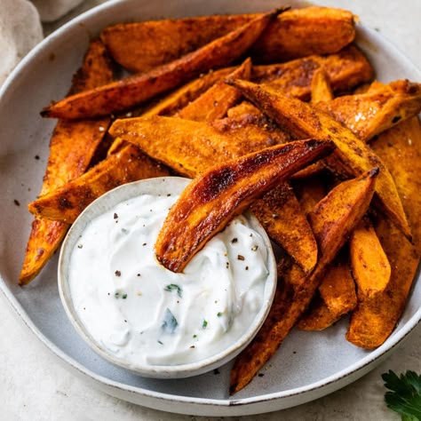 Roasted Sweet Potato Wedges, Creamy Dipping Sauce, Yogurt Dipping Sauce, Baked Sweet Potato Fries, Sweet Potato Fries Baked, Garlic Dip, Clean And Delicious, Roasted Sweet Potato, Sweet Potato Wedges