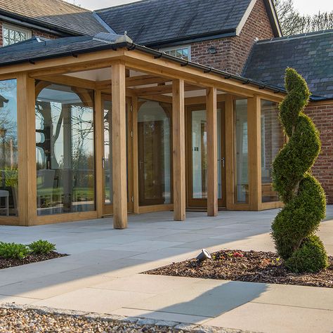 Magnificent oak building, extension, porch and more! Glazed Corridor, Oak Conservatory, Barn Extension, Oak Extension, Oak Porches, Rustic Sunroom, Timber Window Frames, Timber Frame Extension, Small House Extensions