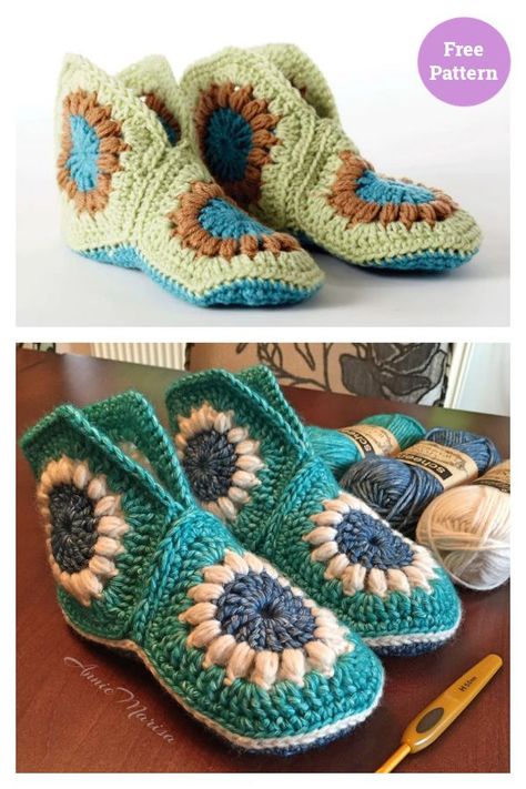 Granny Slippers Free Crochet Pattern Granny Slippers, Crochet Granny Hexagon, Crochet Slippers Adult Free Pattern, Slippers Free Pattern, Granny Square Slippers, Granny Hexagon, Shoe Patterns, Crochet Slipper Boots, Crocheted Slippers