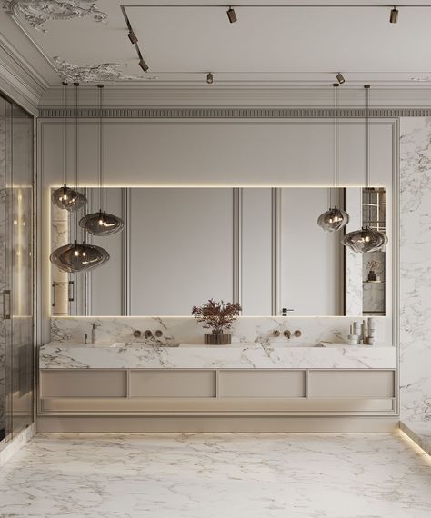 Neo Classic Bathroom Interior Design, Modern French Interior Design Bathroom, Neoclassic Modern Interior, Neoclassical Bathroom Design, Neo Classical Bathroom, Master Bathrooms Luxury Modern, New Classic Bathroom, Bathrooms Luxury Modern, Modern Classic Bathroom Design