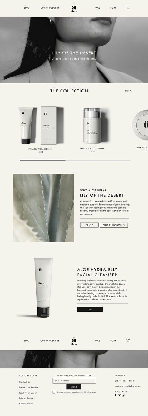 Aloee Skin on Behance Best Skincare Websites, Website Cosmetic Design, Beauty Layout Design, Minimal Skincare Branding, Cosmetic Website Design Layout, Beauty Brand Website Design, Modern Minimal Website Design, Bio Website Design, Skincare Web Design