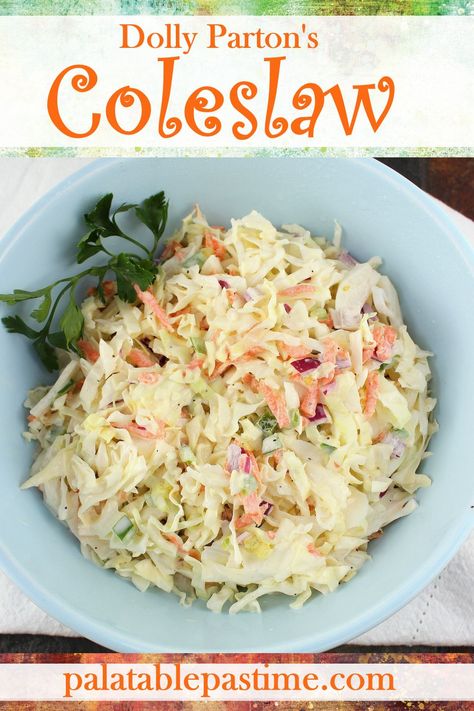 Dolly Parton's Coleslaw is her recipe from the Cookbook Dollywood presents "Tennessee Mountain Home Cooking". via @suelau1 Yummy Coleslaw Recipe, Dolly Parton Recipes, Easy Tomato Tart, Creamy Macaroni Salad, Slaw Dressing, Super Salads, Farmers Market Recipes, Celebrity Recipes, Tomato Tart