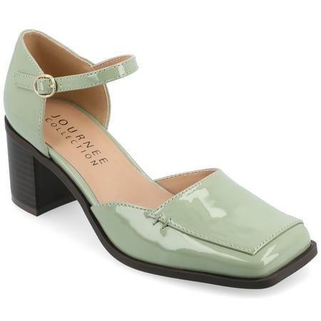 Step into chic sophistication with the Evangeline block heel from Journee Collection, featuring a stylish square toe and a trendy 2 1/2-inch stacked heel. Crafted from faux leather, these heels showcase an ankle strap with a buckle closure for both fashion and a secure fit. The 4 mm Tru Comfort Foam footbed, coupled with the man-made outer sole, ensures comfort and style, making the Evangeline block heel a versatile and fashionable choice for any occasion. Size: 7.5.  Color: Green.  Gender: female.  Age Group: adult. Green Heels, Closed Toe Shoes, Square Toe Heels, Buckle Shoes, Shoes Heels Pumps, Journee Collection, Heel Pumps, Christian Clothing, Stacked Heel