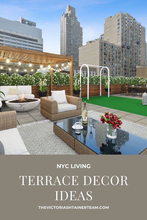 NYC balcony and terrace with cozy seating area and outdoor living space. NYC terrace decor ideas. Nyc Balcony, Nyc Terrace, Balcony Aesthetic, Rooftop Decor, Rooftop Ideas, Penthouse Terrace, Ledge Decor, Balcony Decor Ideas, Design Decor Ideas