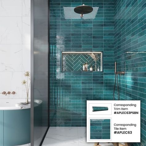 Apollo Tile Green 2.58-in. x 8-in. Polished Ceramic Subway Tile (5.38 Sq ft/case) - On Sale - Bed Bath & Beyond - 36077930 Bathroom Tiles Around Window, Tile Patterns For Showers, Wow Tiles Bathroom, Teal Bathroom Tile Ideas, Colored Subway Tile Bathroom, Teal Tiles Kitchen, Blue Tile Bathrooms, Aqua Tile Bathroom, Turquoise Tile Bathroom