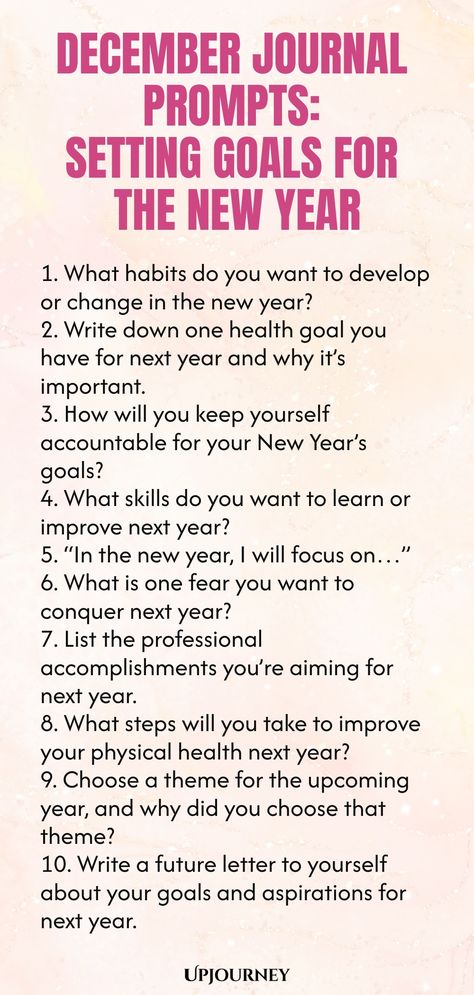 Get ready to gear up for the New Year with these inspiring December journal prompts! Sometimes all it takes is a little reflection to set meaningful goals for the upcoming year. Dive deep into your thoughts and aspirations with these prompts designed to help you focus on what truly matters. Whether you're looking to start a new chapter or simply wanting to enhance your current journey, this journaling exercise will guide you towards setting achievable goals for yourself. December Journal Prompts, December Journal, Work Etiquette, Psychology Terms, Relationship Quizzes, Achievable Goals, Journal Questions, Happiness Journal, Friendship And Dating