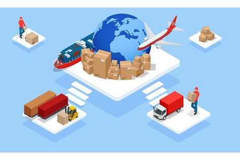 Global logistics network isometric illustration. Air cargo trucking rail transportation maritime shipping On-time delivery Vehicles designed to carry large numbers of cargo. Logistics Network, Us Food, Modern Organization, Customer Insight, Global Supply Chain, Business Challenge, Isometric Illustration, Large Numbers, Customer Retention