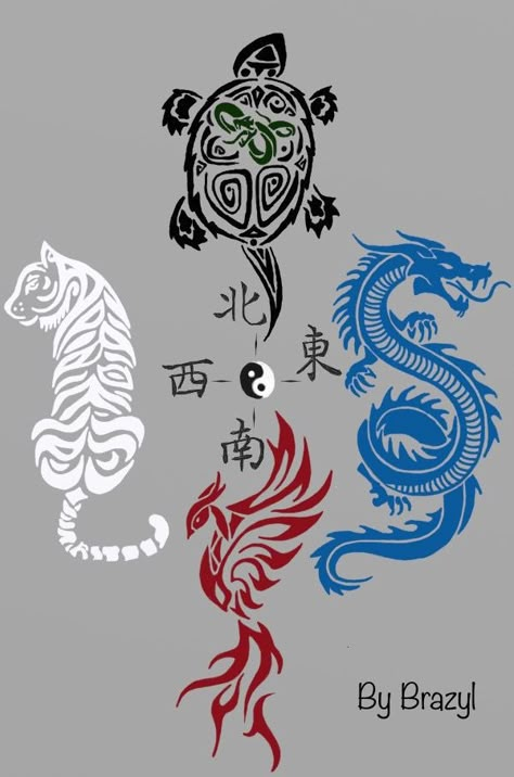 Chinese Dragon Mythology, White Tiger Mythology, Four Guardians Chinese Tattoo, Black Eastern Dragon, Japanese Dragon Symbol, Vermillion Bird Chinese, Dragon And Phoenix Tattoo Yin Yang, Dragon Trible Tattoos, Black Tortoise Tattoo