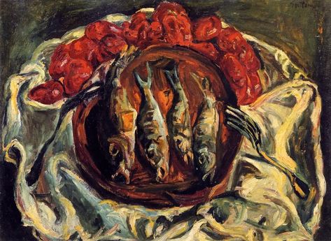 Chaim Soutine. Fish and tomatoes Chaim Soutine, Barnett Newman, Alex Colville, A3 Poster, A4 Poster, Oil Painting Reproductions, Fish Painting, Painting Reproductions, Vintage Artwork