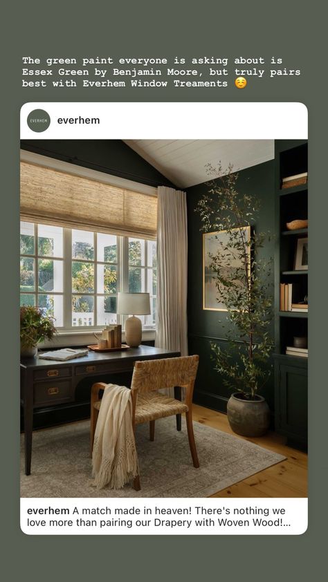 Green Office Walls, Green Home Offices, Dark Green Rooms, Office Paint Colors, Dark Green Walls, Green Office, Up House, Living Room Green, Home Decor Ideas Living Room