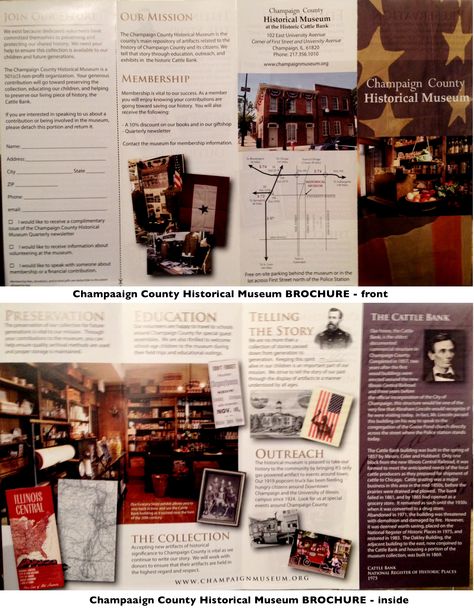 Champaign County Historical Museum brochure (4-panel). Well-organized brochure. Picked this up at Champaign Surplus. Historical Brochure Design, Museum Brochure, Career Center, Historical Museum, Homemade Crafts, Mini Canvas Art, Mini Canvas, Brochure Design, Photo Wall