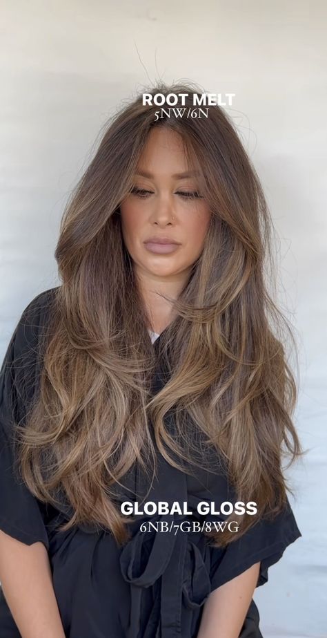 Trendy Brunette Hair Color, Light Brown Hair On Dark Brown Hair, Level 7 Shades Eq Formulas Brown, Redken Honey Brown Formula, Honey Glazed Brunette, Teddy Brown Balayage, Medium Brown Hair Green Eyes, Grown Out Roots To Balayage, Demi Lucy May Hair