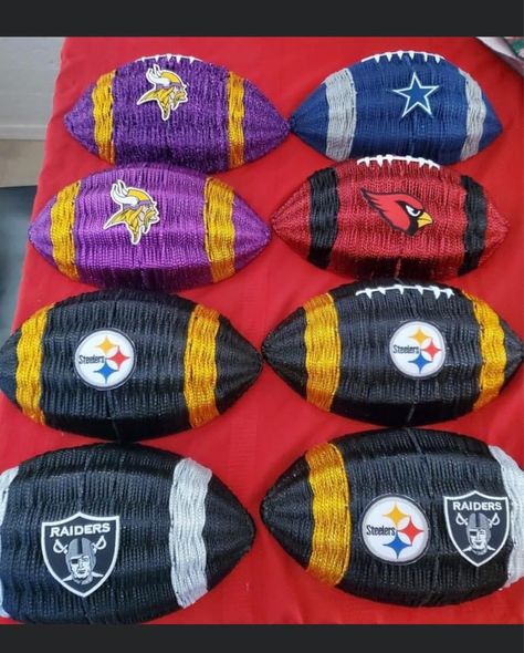 Deco Mesh Football Shaped Wreath, Dollar Tree Yarn Crafts, Football Wreath Diy Dollar Tree, Football Diy Crafts, Dollar Tree Football Wreath Form Diy, Fall Football Crafts, Football Shaped Wreath, Football Wreath Diy, Nfl Crafts