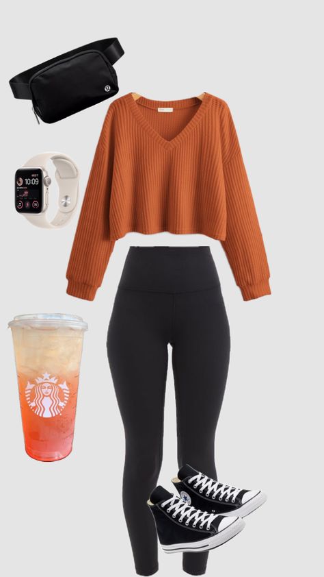 Cute Outfits Everyday, Fall Fits School, Cute Clothes Ideas For School, Cut Fall Outfits, Comfy Fall Outfits With Leggings, Things To Wear With Leggings, Orange Leggings Outfit, Cute Fall Outfits With Leggings, Legging Outfits Winter