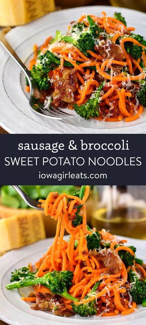 Sweet Potato Spiralizer Recipes, Spiralized Veggie Recipes, Spiralizer Recipes Healthy, Noodles And Broccoli, Sweet Potato Noodles Recipe, Sausage Sweet Potato, Broccoli Skillet, Veggie Noodles Recipes, Sweet Potato Pasta