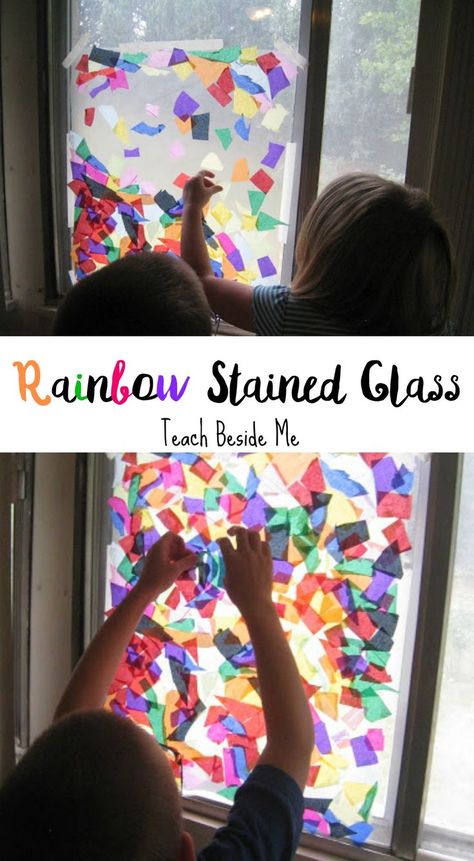 Rainbow Stained Glass craft for Kdis Reggio Science, Contact Paper Crafts, Vetenskapliga Experiment, Camping Kids, Tape Clear, Stained Glass Cookies, Window Crafts, Window Stained, Stained Glass Crafts