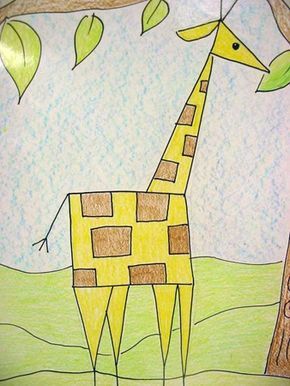 shape giraffe - could have students create other animals using shapes. 1st or 2nd grade, maybe. Geometric Shapes Drawing, Shapes Kindergarten, Substitute Plans, Kindergarten Art Lessons, Animal Art Projects, 2nd Grade Art, Geometric Shapes Art, Shapes For Kids, Drawing Animals