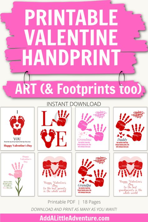 Printable Valentine Handprint Art (& Footprints too) Valentine Handprint Art, Free Printable Wine Labels, Valentine Handprint, Free Printable Valentines Tags, Footprint Craft, Footprint Crafts, Valentines Gift Tags, Unique Valentines Day Gifts, Valentine's Day Printables