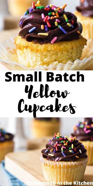 Small Batch Birthday Desserts, Yellow Cake For Two, Small Batch Cake Mix Recipes, Yellow Cake Cupcake Recipe, Small Yellow Cake Recipe, Small Batch Yellow Cake, Mini Yellow Cake, Yellow Cupcakes With Chocolate Frosting, Yellow Cupcake Recipe From Scratch