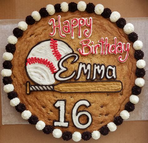 Softball cookie cake Baseball Themed Cookie Cake, Baseball Birthday Cookie Cake, Softball Cookie Cake, Baseball Cookie Cake Ideas, Giant Cookie Cake Birthday, Baseball Cookie Cake, Softball Birthday Cakes, Softball Cookies, Sandlot Birthday