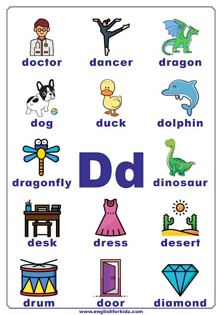 Printable Alphabet Posters for Every Letter. English ABC posters for classroom decoration. Letter D. #ESL, #EFL Letter D Flashcards, Alphabet Pictures Printables, Four Letter Words For Kids, Letter D Words, Letter L Words, D Words, Abc Posters, D Alphabet, English Abc