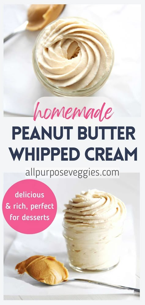 Here's one for the Peanut Butter lovers out there! Like the title suggests, this Peanut Butter Whipped Cream has the sweet nostalgic flavor of a Reese's Peanut Butter Cup minus the Chocolate. It's my personal ode to one of my favorite ever treats. Note that the added Peanut Butter Powder is entirely optional. I add it to thicken the whipped cream and to help it hold its shape longer. Reeses Peanut Butter Filling Recipe, Whipped Peanut Butter Ganache, Peanut Butter Whipped Cream Dessert, Peanut Butter Flavors, Peanut Butter Whipped Cream Frosting, Peanut Butter Whip, Reeses Desserts, Pumpkin Cauliflower, Peanut Butter Powder Recipes