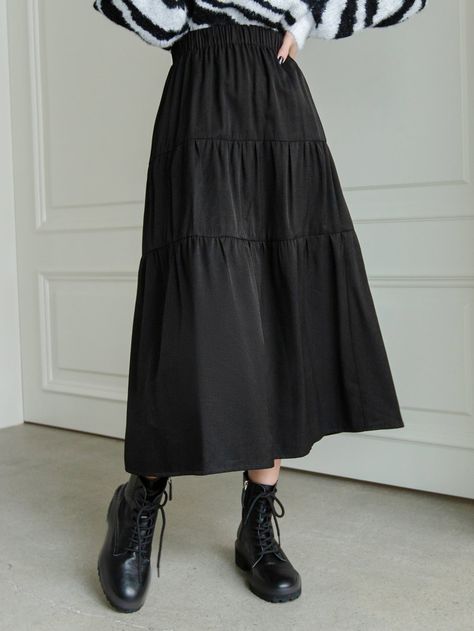 Black Cute   Rayon Plain A Line Embellished Non-Stretch Spring/Summer/Fall Women Bottoms All Black Long Skirt Outfit, Pretty Skirts Long, Black Skirts Long, Long Skirt With Ruffles, Black Skirt Ideas, Long Skirt Outfits For Spring, Skirt For Short Women, Outfits With Long Black Skirts, How To Style A Long Black Skirt