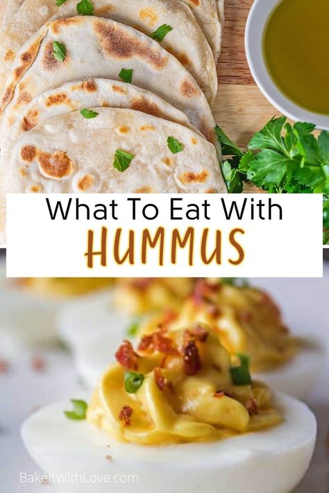 Pin split image with text showing different recipe ideas for what to serve with hummus. What To Eat With Hummus Snacks, What To Serve With Hummus, What To Do With Hummus, How To Eat Hummus, What To Eat With Hummus, Fruit Cocktail Salad, Hummus Snack, Homemade Bread Bowls, Split Image