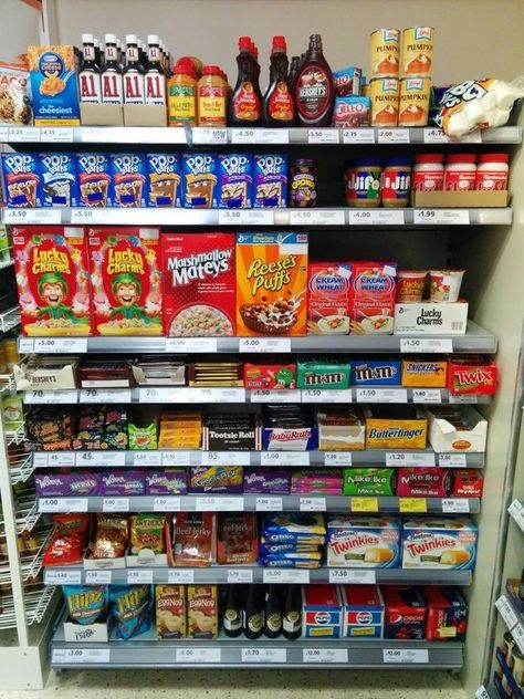 A user from the UK posted this photo on Reddit of the “American foods” section at his local food store. | Here's What The "American Food" Section Of A UK Grocery Store Looks Like Kitchen Pantries, Kitchen Pantry Organization, Organizing Kitchen, American Snacks, Grocery Store Design, Food Cartoon, Junk Food Snacks, How To Make Sandwich, Marshmallow Fluff