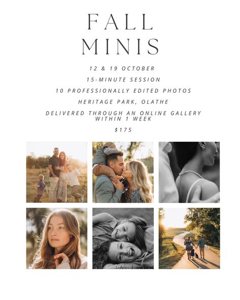 I’m excited to announce 15-minute Fall Mini Sessions for just $175! Located at a beautiful spot in Heritage Park, Olathe, this is the perfect chance to capture the magic of fall with golden leaves and crisp air. What’s included: ✨ 15-minute session ✨ 10 professionally edited photos ✨ Delivered through an online gallery within 1 week Whether you’re looking for updated family portraits, couple shots, or a few seasonal pictures of your little ones, these sessions are perfect for everyone! Ses... Seasonal Pictures, Fall Minis, Edited Photos, Fall Mini Sessions, Couple Shots, Fall Mini, Crisp Air, Golden Leaves, Mini Sessions