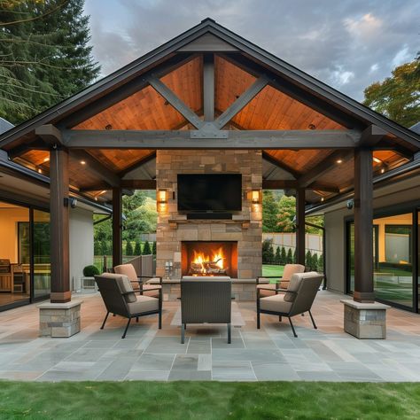 High Ceiling Outdoor Patio, Outdoor Patio Ideas Fireplace, Covered Patio Ideas With Tv, Patio Structures Covered, Outdoor Deck With Fireplace, Outdoor Pergola With Fireplace, Concrete Patio With Fireplace, Backyard Pavilion Ideas Covered Patios, Covered Backyard Patio Ideas