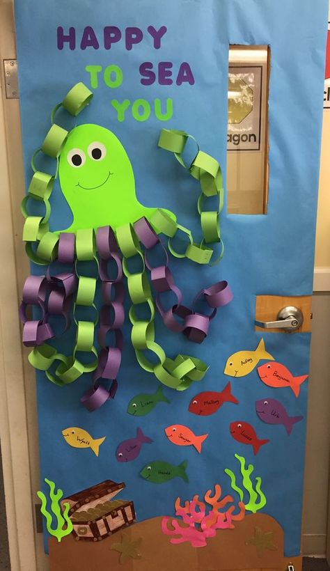 Ocean Themes Classroom, Beach Themed Bulletin Boards, May Themed Classroom Door Ideas, Welcome To My Class Bulletin Boards, Early Childhood Education Classroom Decoration, Summer Themed Classroom Door Decorations, Classroom Door Decorations Preschool, Beach Theme Door Decorations, Beach Theme Classroom Bulletin Boards