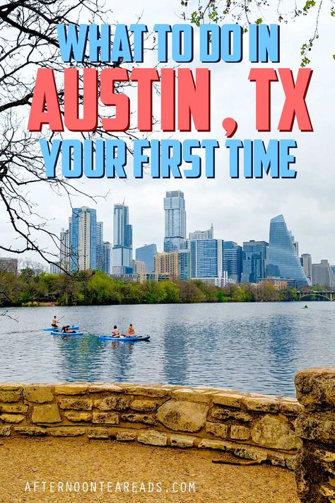 overcast sky with a skyline view of high-rise buildings - this is downtown Austin. Green trees line the skyline view before the lake where people are kayaking One Day In Austin Texas, 1 Day In Austin Texas, Going Out In Austin Outfit, Top Things To Do In Austin Texas, Downtown Austin Texas Things To Do, Austin Texas Things To Do With Teens, Fall In Austin Texas, Unique Things To Do In Austin Texas, Must Do In Austin Texas